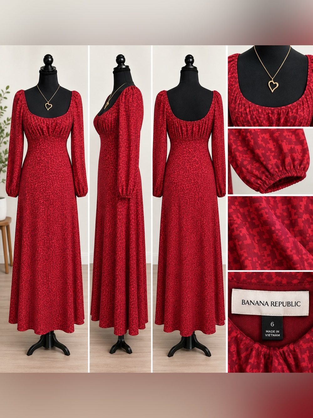 Banana Republic Red Geometric-Print Long Sleeve Midi/Maxi Dress